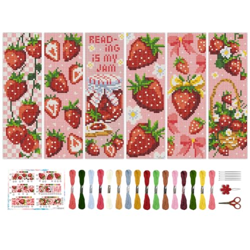BEUNITONE 6PCS Cross Stitch Bookmarks Kit for Adults Beginners,Strawberry Book Mark DIY Stamped Embroidery Bookmark Kits with Backing Felt Floss,8.5''x3'' Page Markers for Students Teachers Reading - style: Strawberry