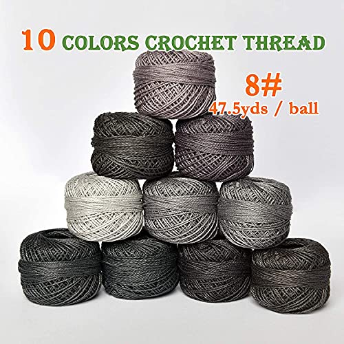 Colored BIRDCrochet Thread, Size 8 Crochet Yarn，2 Ply Cotton Yarn, 10 Balls (Grey Series) - color: Grey Series