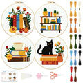 BEUNITONE Flower Embroidery Kit for Beginners 4 Pack Embroidery Starter Kit for Adult Cat Plant Books Pattern Stamped Cross Stitch Set with Instructions Embroidery Hoops Easy for DIY Craft 7.9'' - style: Cats Books