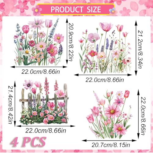 4 Sheets Dtf Transfers Ready to Press Flower Iron on Transfers Patches for T-Shirt Pink Vintage Botanical Heat Transfer Vinyl Appliques Tulip Lily Lavender Daisy Iron on Decals for Clothing DIY Craft - style: Pink Flower B