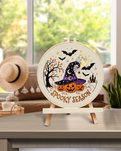TINDTOP Halloween Embroidery Kit for Adult, Embroidery DIY Starter Kit, with Stamped Patterns, Hoop, Tools, Colorful Threads with Needles, Instructions (Halloween A) - color: Halloween A