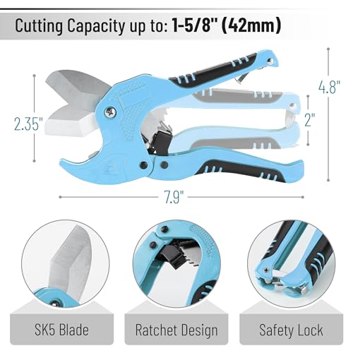 Bates- PVC Pipe Cutter, Cuts up to 1-5/8", Ratchet Pipe Cutter, PEX Cutting Tool for Cutting PEX, PVC, PPR Plastic Hoses and Plumbing Pipes, Sky Blue - color: Sky Blue