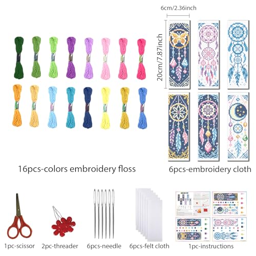 FREEBLOSS 6 Set Cross Stitch Bookmark Kits Dreamcatcher Pattern Stamped Embroidery Kit Stitch Bookmarks DIY Book Marks Printed Cross Stitch Kits with Instructions for Beginners Adults 8''x2.4'' - style: Dreamcatcher