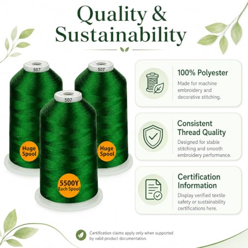 Simthread - 33 Selections - Various Assorted Color Packs of Polyester Embroidery Machine Thread Huge Spool 5500Y for All Purpose Sewing Embroidery Machines - 3 Green - color: 3 Green