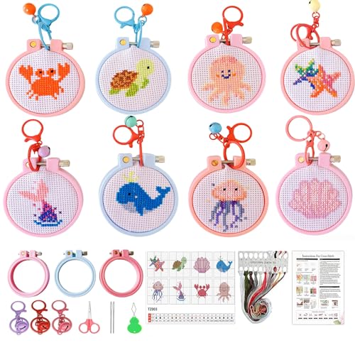 VIGEGU 8 Pack Stamped Cross Stitch Kits for Kids Beginners with Frame - color: Ocean Animal