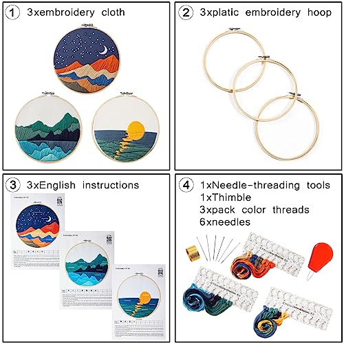 Embroidery Kits for Beginners Adults, Stamped Cross Stitch kits for Adult Beginners Embroidery Starter Kit with Pattern, 3 Embroidery Hoop and Fabric, Needles Threads (Attached Teaching Video QR Code) - color: Green