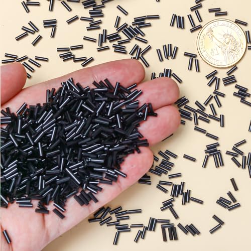 2000pcs Glass Bugle Beads, Tube Beads Bulk, Mini Long Tiny Small Waist Loose Spacer Embroidery Beaded for Bracelets Jewelry Making Sewing, Crafts, 2×6mm, Black - color: Black