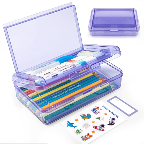Double Layer Plastic Clear Hard Pencil Cases Box with Personalized sticker - color: Light Purple-Stickers