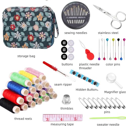 Printing Vines Sewing Project Kits,Travel Portable Sewing Set with Zipper Sewing Case,87 PCS Professional Sewing Supplies Accessory for Adults,Emergency, Home - color: 87PCS-Vines