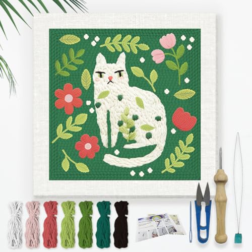 Doodlream Cat Leaf DIY Punch Needle Embroidery Kit for Adult Beginner, 9.4" White Cat Punch Stitching Craft Set for Starter with Frame, Fabric Pattern, Threader, Yarn, Pinch Needle - color: Cat Leaf