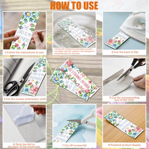 FREEBLOSS 6 Set Cross Stitch Bookmark Kits Flowers Pattern with Inspirational Words Stamped Cross Stitch Kit 11CT Embroidery Kit with Instructions for Beginners 20x6cm/8x2.4inch