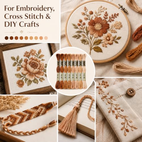 FASHEWELRY 70 Yards Handmade Polyester Embroidery Floss Crewel Cross Stitch Threads 0.5mm 6-Ply Embroidery Thread Bulk for Beginners Adult DIY Sewing Knitting Supplies (Coconut Brown) - color: Coconut Brown, size: 0.5mm