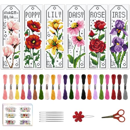 ACRNIGHEET 6PCS Cross Stitch Bookmark Kits for Beginner Flower Crossstitch Kits Adult Rose Daisy Lily Stamped Embroidery Bookmarks with Accessories for Adults Craft Gift 11CT - style: Floral patterns 2