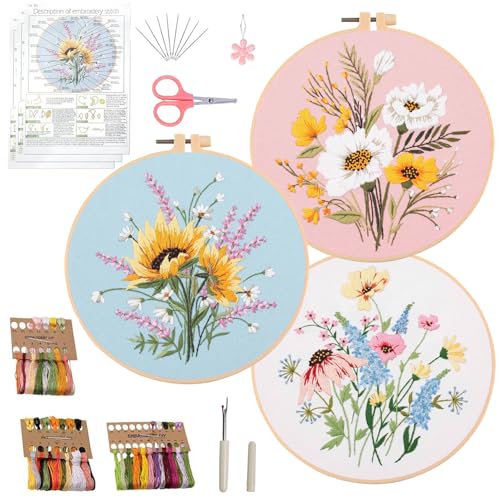 Ohcol 3 Sets Embroidery Kit,Cross Stitch Kits Needlepoint Kits for Adults Beginner,Needle Point Kits with Washable Pre-Printed Floral Pattern,Hoops,Women DIY Hand Crafts - color: Flowers (3 Patterns,1 Hoop+ Extas)