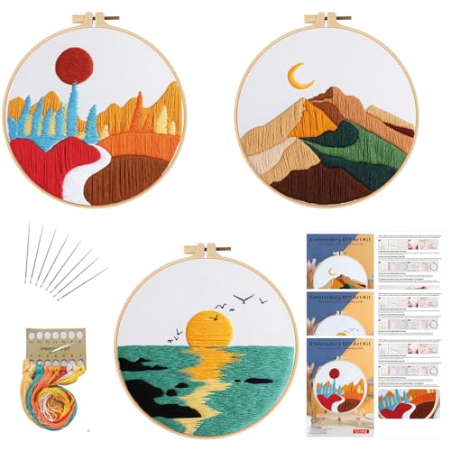 GLTAYLMY Embroidery Kits for Beginners Adults, Stamped Cross Stitch Kits for Adult Beginners Embroidery Starter Kit with Pattern, 3 Embroidery Hoop and Fabric, Needles Threads - color: Landscaping1