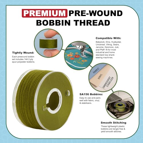 Mandala Crafts Olive Green 15J SA156 Prefilled Bobbin Thread, 144 PCs - color: Olive Green, size: Size A 144 X 142 Yards