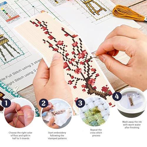 FREEBLOSS 6 Set Cross Stitch Bookmark Kit 6-Colored Flowers Pattern Stamped Cross Stitch Kit 11CT Embroidery Kits with Instructions for Beginners Adult 20x6cm/8x2.4inch - style: Flower Branches 2