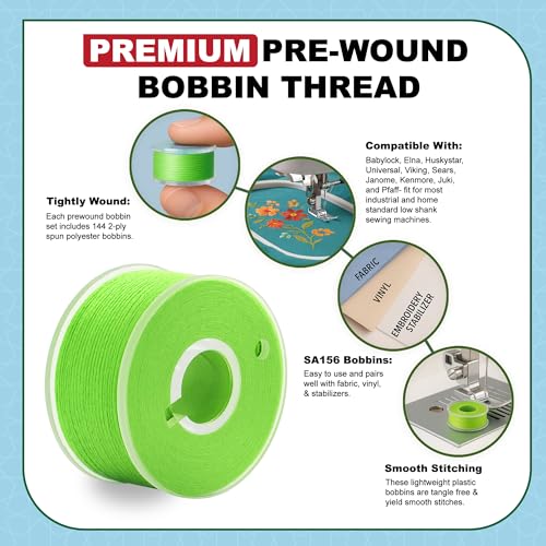 Mandala Crafts Lime Green 15J SA156 Prefilled Bobbin Thread, 144 PCs - color: Lime Green, size: Size A 144 X 142 Yards