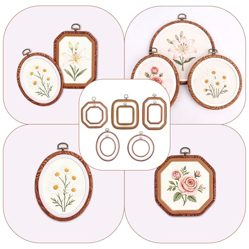10pcs Embroidery Hoop Frames, Imitated Wood Cross Stitch Hoops Display with 10 Sizes & 5 Shapes Decorative Embroidery Hoop for DIY Sewing Art Crafts Needlework & Wall Hanging Decor