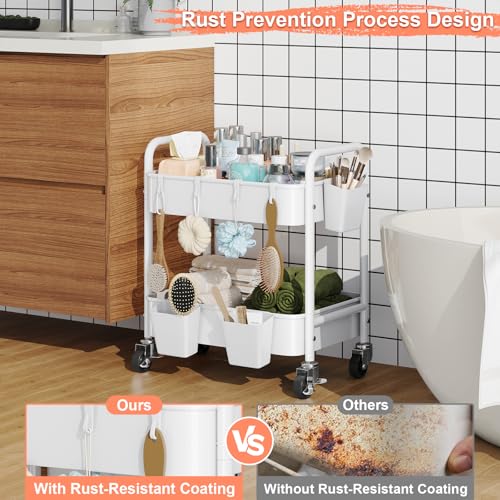 2 Tier Small Rolling Cart Metal with Wheels, White Under Desk Storage Carts - color: Light White, size: 2 Tier + Cups + Hooks