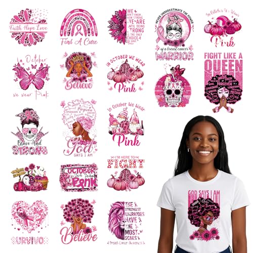 Dtf Transfers Ready to Press - 20Pcs Breast Cancer Awareness Iron on Transfers for Tshirts, Pink Ribbon Iron on Decals Patches Heat Stickers for Breast Cancer Survivor Gifts Party Supplies - color: Breast Cancer Awareness854