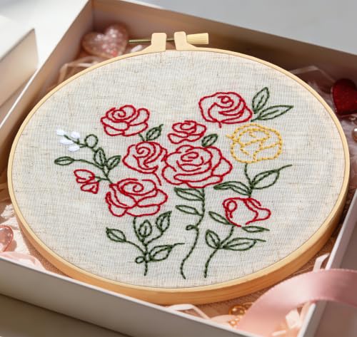 Vintage Flowers Embroidery Kits for Beginners Adults, Easy Hand Embroidery Starters Kits, Floral Cross Stitch Kits DIY Needlepoint Kits for Beginners Adult, Embroidery Hoop, Thread and Video Tutorial - color: H2105