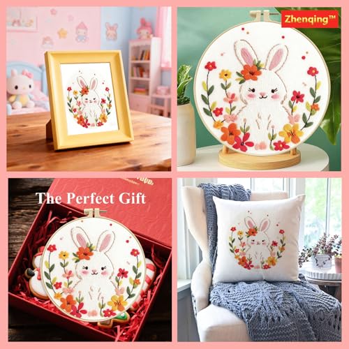 Zhenqing Fairy Tale Rabbit Embroidery Kit for Beginners, 29x29cm Pre-Printed Cotton Fabric with 20cm Hoop, Cute Bunny with Flowers Design for Home Decor(C0049)