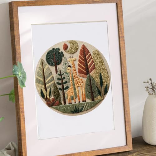 FONNUY Giraffe Pre-Stamped Embroidery Pattern for Beginners, Boho Needlepoint Kits for Beginners Cross Stitch Craft Sewing Full Needles and Thread Hoop Kit (Giraffe 03) - color: Giraffe 03