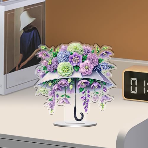 POETRYDRAW DIY Diamond Art Ornament Desktop Kit Umbrella Flower, Stand Up Acrylic Diamonds Painting Ornament for Adults, 5D Special Diamond Gem Craft Tabletop Placement Board Kit - color: Umbrella Flower