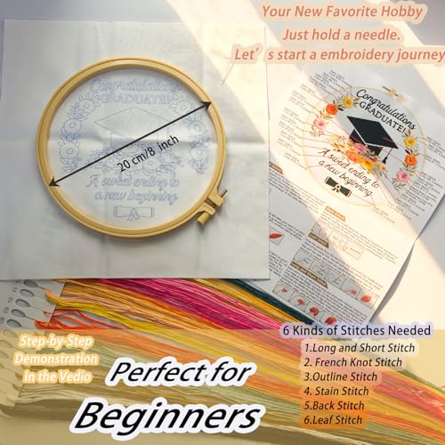 FONNUY Graduation Embroidery Kit, Floral Grad Cap Design Cross Stitch Kits for Beginners, Handmade Crafts with Printed Patterns for Beginner Adults, Color Thread Needlework, 8'' Hoop (Flower) - color: Flower