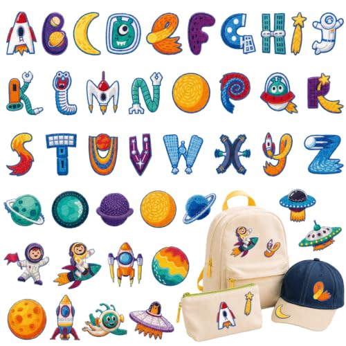 Cinrobiye 41 Pcs Outer Space Patches Self Adhesive Cute Astronaut A to Z Alphabet Applique Galaxy Spaceship Rocket Chenille Letter Patches Stick on for Clothing Hats Bags Fabric DIY Crafts - style: Astronaut
