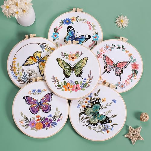GLTAYLMY Butterfly Embroidery Kit for Beginners Adults, 3 Sets Hand Embroidery Starter Kit with Flower Pattern and Instructions Stamped Cross Stitch Kits Include Embroidery Hoop Needles Threads - color: BU2EBK