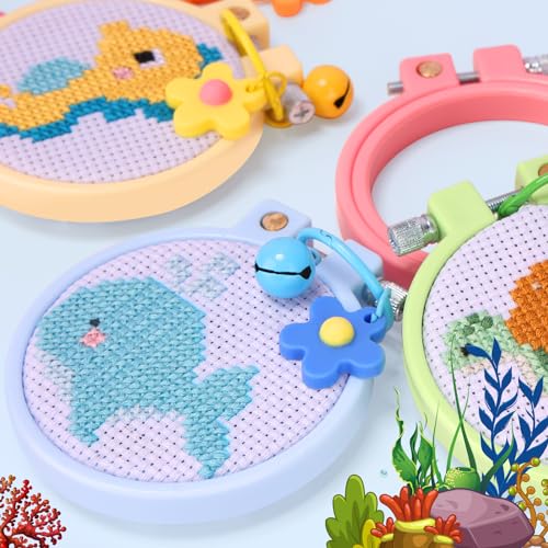 Caydo 6 Pieces Sea Animal Cross Stitch Kit for Kids with Stamped Aida Cloth - color: Sea Animal