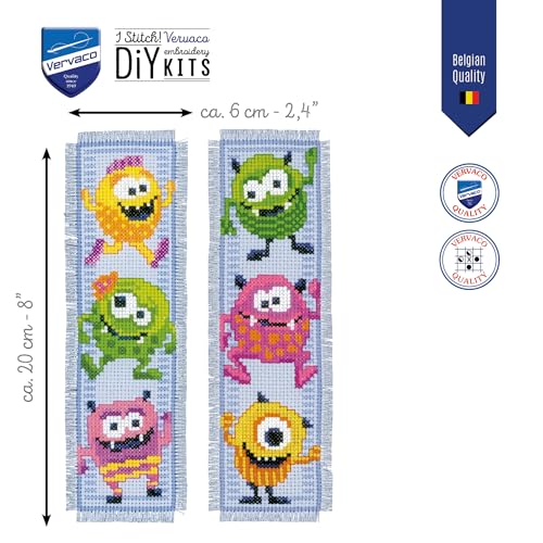 Vervaco Cross Stitch Bookmark Kit Little Monsters (Set of 2) 2.4" x 8" - size: 2.5" by 8"