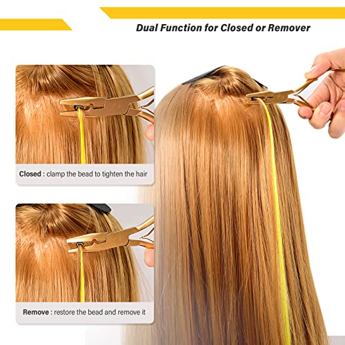 Gomake Hair Extensions Closed and Remover Pliers set, Micro Silicone Rings Beads Hair Extensions Loop Needle Threader Pulling Hook Tool and Bead Device Tool for Hair or Feather Extensions (Gold) - color: Gold