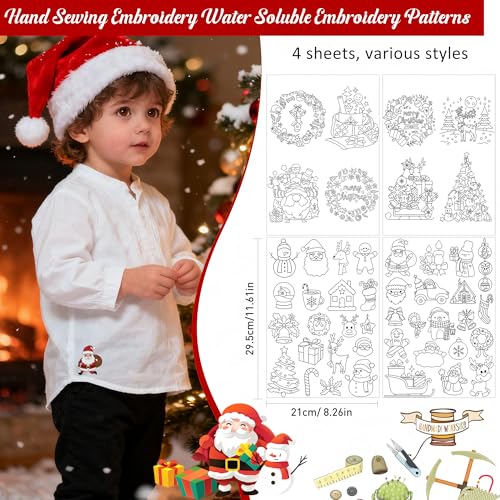 Water Soluble Stabilizer Embroidery Pattern - Christmas Stick & Stitch Embroidery Paper Wash Away, Wreath Snowmen Hand Sewing Patterns for Jean Bag T-Shirt (4 Sheets) - style: Xmas022