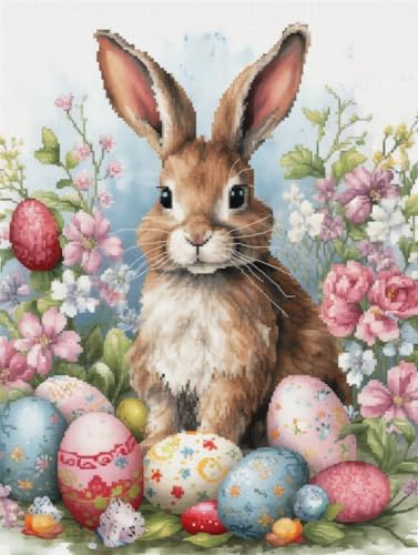 Easter Basket Bunny 11ct Counted Cross Stitch Kits Color Printed Stamped Cross-Stitch Supplies Needlework Printed Embroidery Kits DIY Kits Needlepoint Starter Kits 40x50cm(i122)