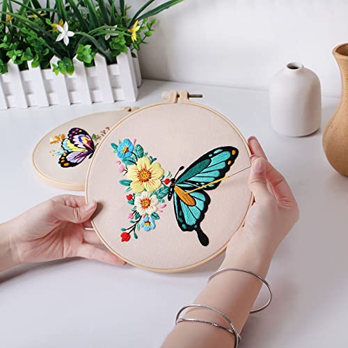 Konrisa Embroidery Kits with Butterfly Flower Pattern, Stamped Embroidery Starter Kit for Beginners Adults Needlepoint Kits Include Embroidery Fabric Embroidery Hoop Threads and Needles,Set of 2 - color: Butterfly02
