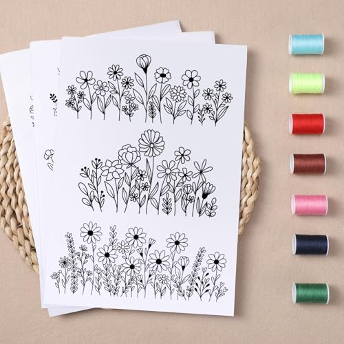 Water Soluble Embroidery Patterns Stabilizers, 6 Sheets 85 Pcs Floral Stick and Stitch Embroider Paper Wash Away, Pre-Printed Flower Daisy Transfer Paper Gifts for Hand Sewing Lovers Beginners - size: Flower B