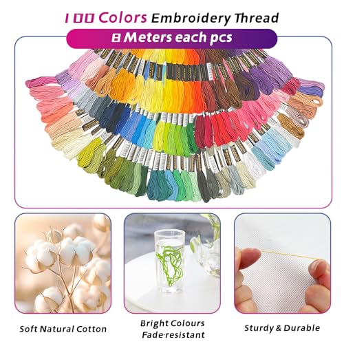 SNAIL GARDEN 256PCS Complete Embroidery Kit with Canvas Bag,2 Sticky Water Soluble Paper Stabilizers with 50 Patterns, 100 Colorful Threads, 5 Hoops, Fabric Pieces, Needle Threaders,Thread Organiser