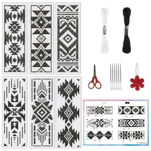 INFUNLY 6pcs Aztec Print Cross Stitch Bookmark Kit for Beginners DIY Vintage Geometry Embroidery Bookmark Kits Black White Needlepoint Kit with Instruction Easy Cross Stitch Set for Book Lovers Reader - style: Aztec Patterns