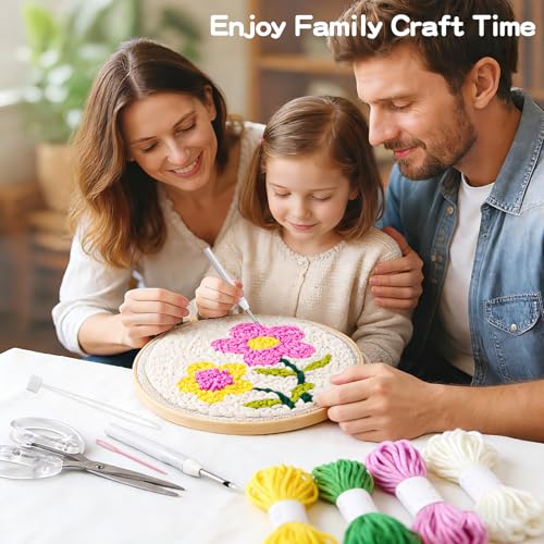 Fvbber Punch Needle Kits Adults Beginner, 2 Pcs DIY Easy Flower Embroidery Set with Patterns, Tools, Yarns, Hoop, Instruction for Home Decor, Craft Gift (Flower 1