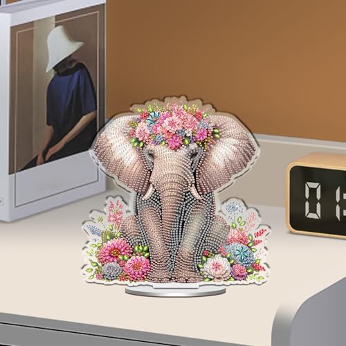 POETRYDRAW DIY Diamond Art Ornament Desktop Kit Elephant, Stand Up Acrylic Diamonds Painting Ornament for Adults, 5D Special Diamond Gem Craft Tabletop Placement Board Kit - color: Elephant Flower