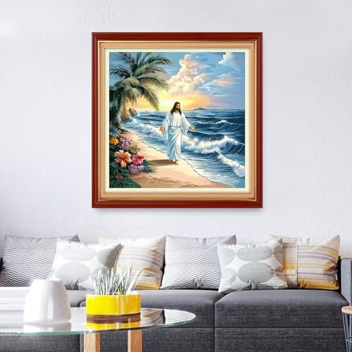 Foxhool Stamped Cross Stitch Kits,11CT Printed Cross Stitch Pattern Full Embroidery Kits for Beginner Needlepoint Kits&Jesus by the Sea 18x18 inch - color: ColorSet07