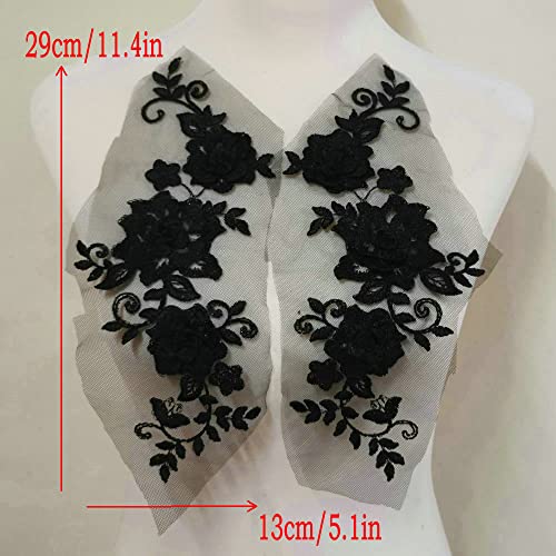 2 Pair 29x13cm Red/Pink/Purple/Sky Blue Wedding Dress Lace Shirt Accessories Embroidery Lace Garment Design DIY Accessories (Black) - color: black