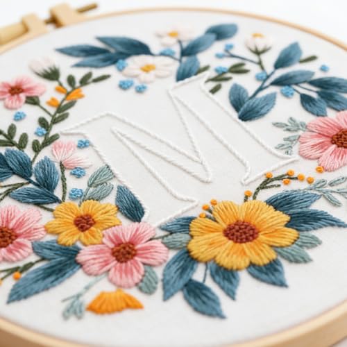 Zerzsy 7.87 '' Embroidery Kits Plant Flower Leaf English Letter Patterns for Beginners Adults, Easy to Learn Cross Stitch Kit for Home Office Decor - color: Letter M