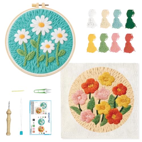BEUNITONE 2PCS Flower Punch Needle Kit for Adults Beginners, Complete DIY Craft Needlepoint Kits with Hoop, Punch Needle Starter Craft Embroidery Set for Handmade Decor & Floral Stitching Projects - color: 07-Flower Bed