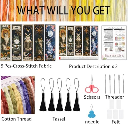 NEGEKFKX 5 Pcs Tarot Cat Cross Stitch Bookmark Kit for Adult Beginners - color: Cross stitch bookmark-18