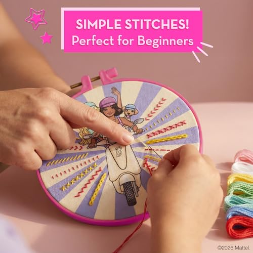 Barbie® Embroidery Kit for Kids Ages 8-12 - 8 Beginner Designs, 2 Hoops - color: Barbie Embroidery Kit