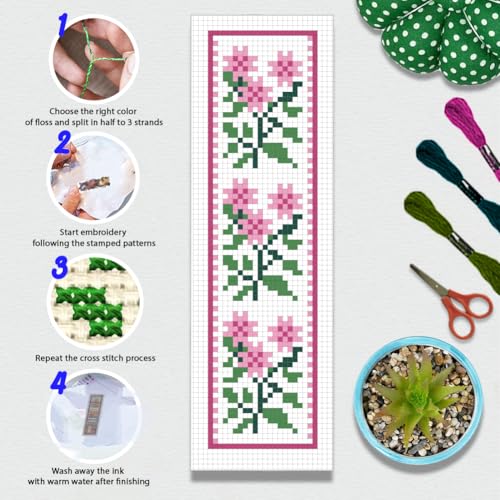 BEUNITONE Cross Stitch Bookmark Kit 6 Pcs Flower DIY Bookmarks Cross Stitch Kits for Adults Beginners with Instructions Cute Pre-Sorted Floss Cross-Stitch Stamped Embroidery Kit for Gifts 8''x2.4'' - style: Trivia Flowers